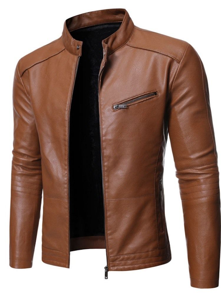 Stand Collar Plain Standard Slim Zipper Leather Jacket For Menn