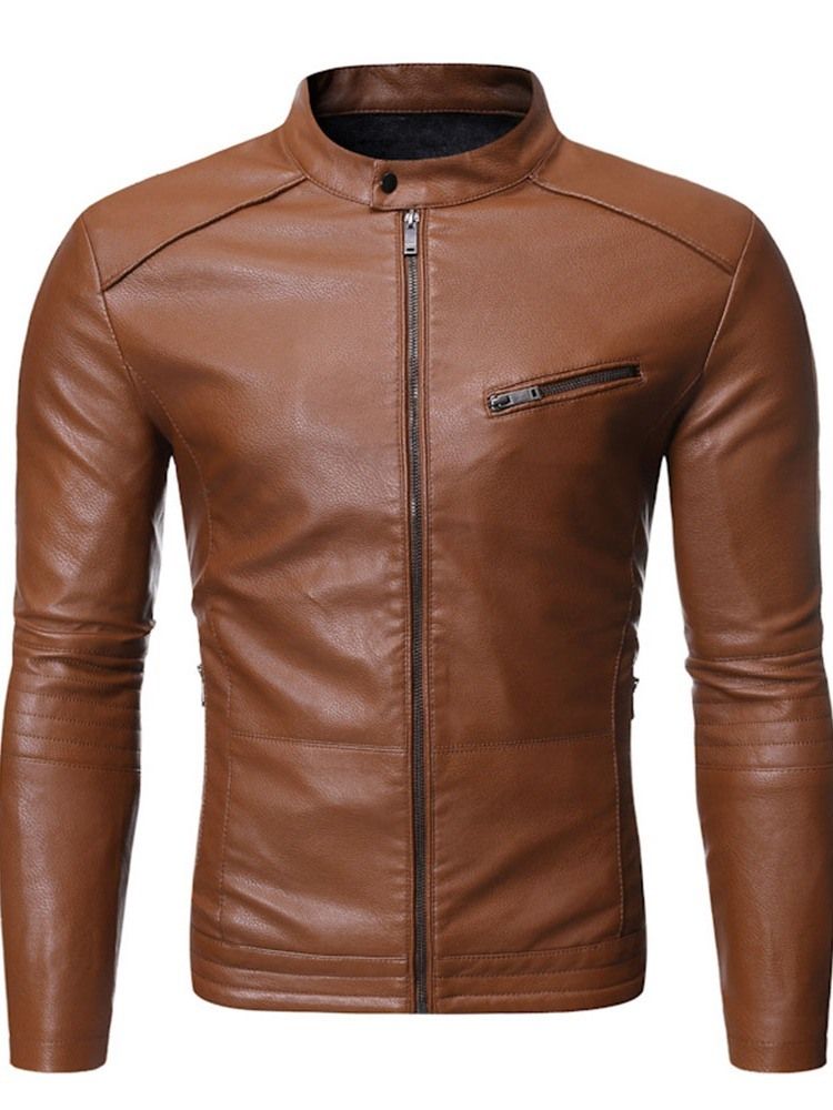 Stand Collar Plain Standard Slim Zipper Leather Jacket For Menn